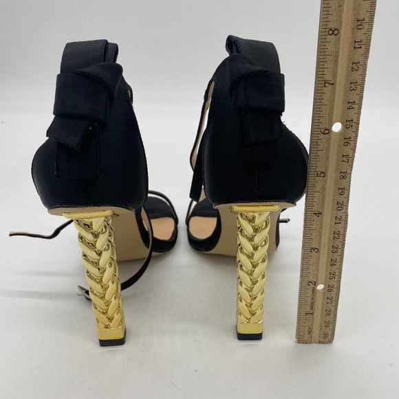 A FSJ Black Bows Gold Metal Chain Chunky High Heels Ankle Strap Sandals - Picture 8 of 10